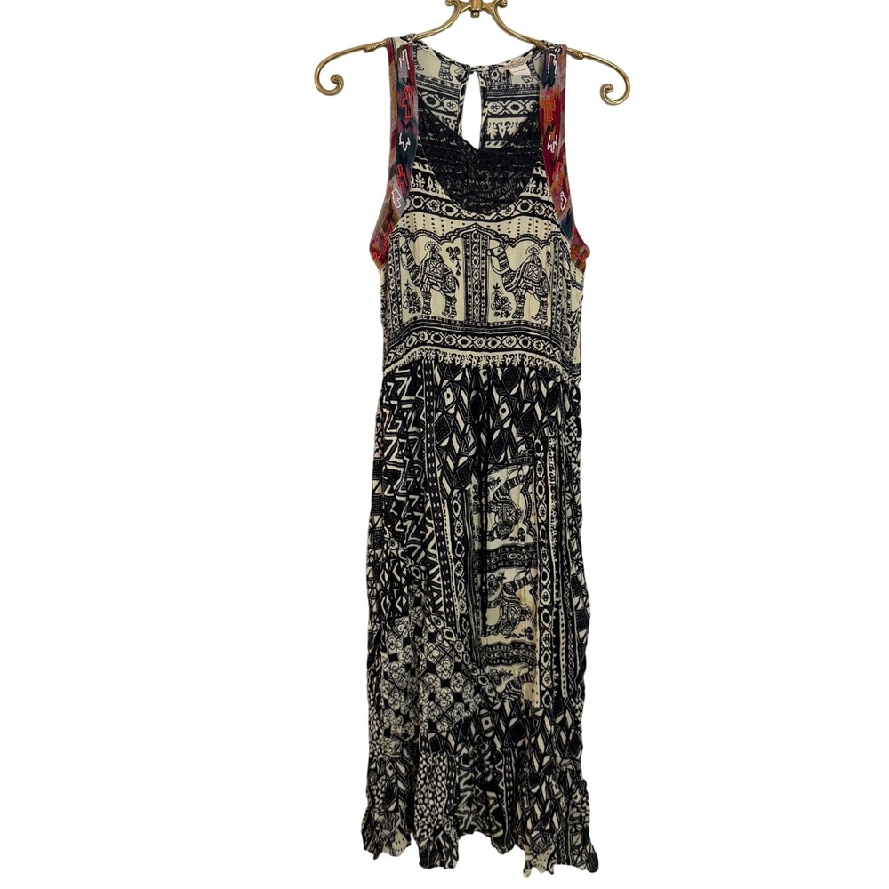 Lucky Brand Womens Medium Boho Elephant Camel Beaded Crochet Midi Dress